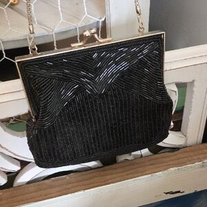 Magid Black Beaded Clutch with Gold Accents